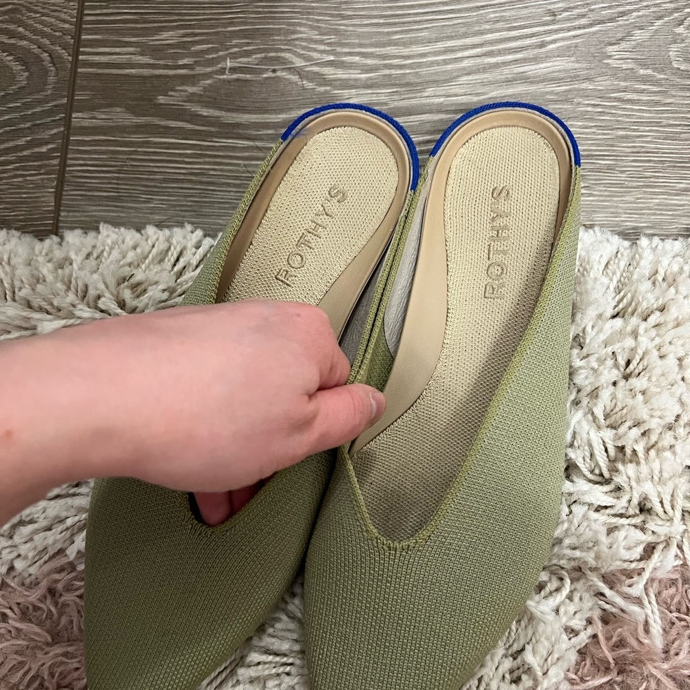 Rothy's Olive Green Pointed Slip-On Flats with Blue Heel Accent - Picture 9 of 13